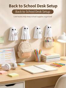 2Pcs Cute Ghost Shape Self Adhesive Hooks No Drill Removable Sticky Wall Hooks Creative Halloween Decor Hook For Bedroom Study Room Stationery & Home Storage Organization - Ghost - View 1