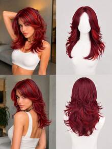 Women's Burgundy Long Layered Wavy Wig With Red Highlights, Wolf Cut Style Synthetic Fiber Hairpiece With Curtain Bangs, Heat-Resistant Face-Framing, Suitable For Daily Wear, Party And Cosplay - Red Highlight - View 3