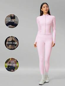 MFVIM Women's Versatile Yoga Set, Soft Skin-Friendly Fitted Jacket + Butt-Lifting Slimming Wide Leg Casual Pants - Pink - View 5