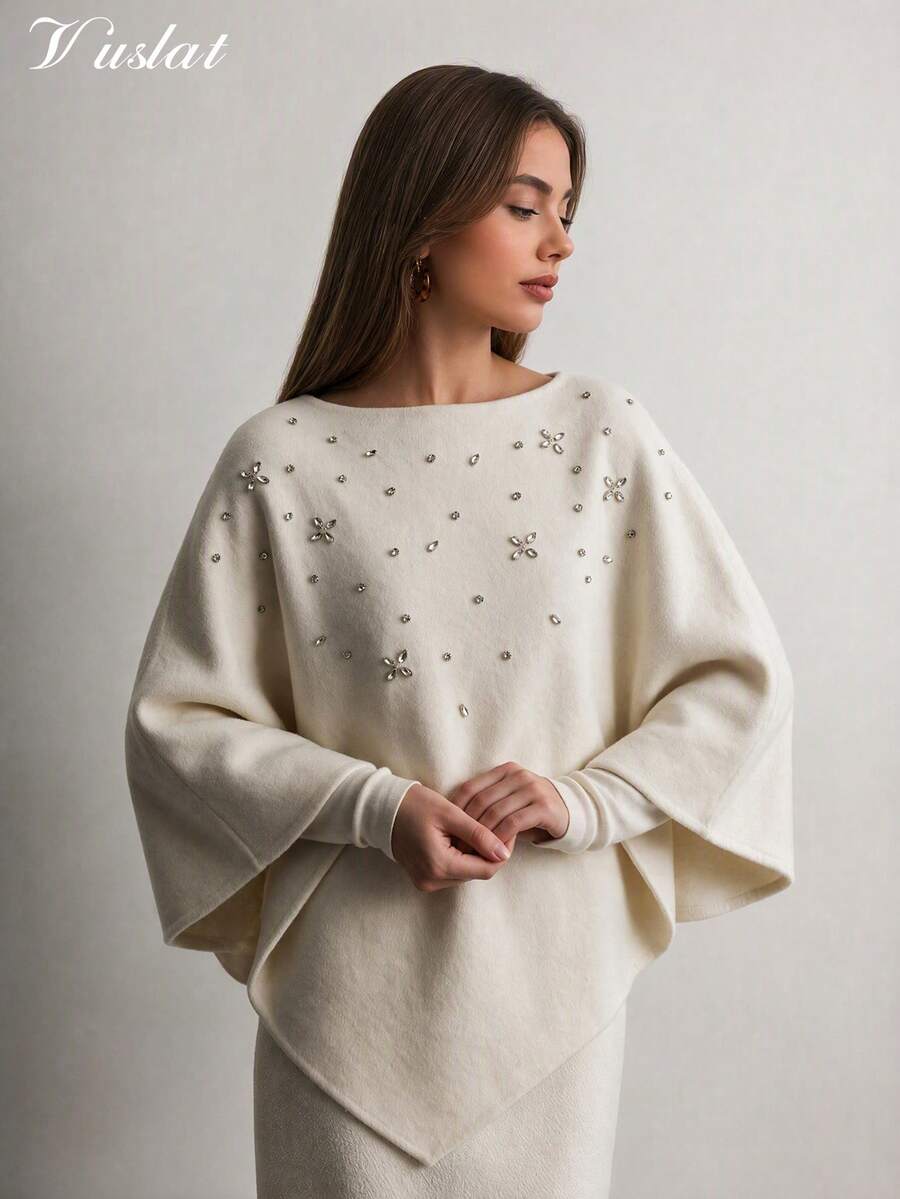 Vuslat Women's Autumn French Style Cream White Heavy Rhinestone & Beaded Cape Top, Scattered Floral Rhinestone & Beaded Design, Asymmetrical Triangular Hemline, Suitable For Evening Party, Wedding Guest, Holiday Party, Elegant Date, Light Business Commute, Streetwear - Apricot - View 1