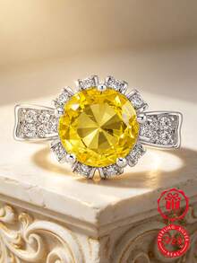 1pc 925 Sterling Silver Synthetic Yellow Zirconia Crown Ring, Perfect For Daily Wear And Valentine's Day Gift, Comes With Gift Box. - Silver - View 3