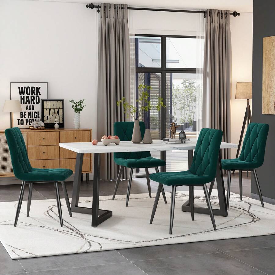 Modern Dining Table Set With 4 Chairs – Dark Green Twill Velvet - Green - View 1