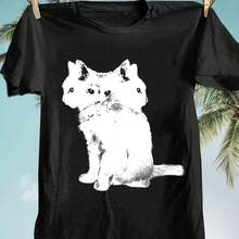 Men's Black T-Shirt With White Cat Print Retro Simple Street Hip Hop Short Sleeve Soft And Comfortable Breathable Cat Lovers - 款式 - 查看 1