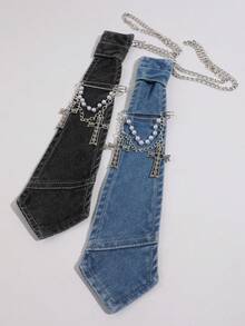 1 st tvättad denim-brosch med korsknut, strass- och pärlkedja, punkstil, skjortdekoration - Multifärgad - Visa 3