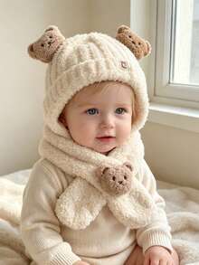 2pcs Cute Bear Decor Baby Plush Knitted Hat Set, Soft Fluffy Warm Toddler Winter Knitted Headwear, Sweet Children Cold Weather Outfit Accessory - Bear 2-piece Set - View 2