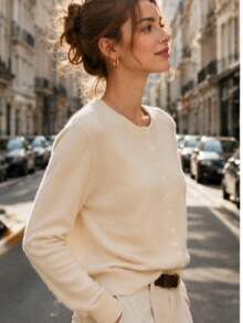 Women's French Minimalist Round Neck Knit Cardigan, Button Front Long Sleeve Soft Fluffy Lightweight Sweater, Autumn Daily Versatile Outerwear, Suitable For Coffee Street, Office Wear, Classic Round Neck Button Knit Cardigan For Autumn - Apricot - View 2