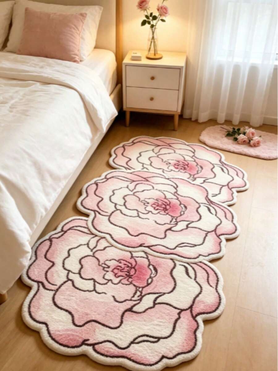 1pc Pink Rose Patchwork Rug, Thickened Rug, Thick Rug, Plush Rug, Autumn/Winter Rug, Thickened Rug, Decorative Rug, Bedroom Decor, Small Rug, Rug - Multicolor - View 1
