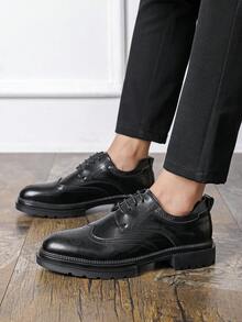 Men's New Round Toe Breathable British Style Thick Sole Height Increasing Lace-Up Casual Daily Work Business Leather Shoes - Black - View 5