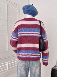 Cloud Verse Retro Multicolor Striped Fuzzy Knit Pullover Y2K Streetwear Loose Fit Long Sleeve Sweater - Multicolor - View 5