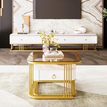 Coffee Table Set: Glossy White Tabletop With Glass Top - 2 Piece Set - 白色 - 查看 9