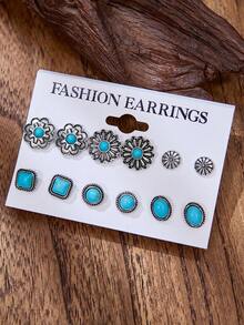 luodee 6 Pairs Vintage Western Style Turquoise Inlaid Stud Earrings, Multiple Styles Combination Earring Set, Bohemian Earring Set For Women, Gift For Women - Multicolor - View 6