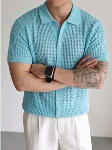 Men's Unisex Knit Polo Shirt, Street Casual Business Commute Versatile Turn Collar Mesh Loose Short Sleeve Solid Color Cardigan Knit Top - Blue - View 3