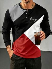 Men's Colorblock Printed Casual Henley Long Sleeve T-Shirt - Multicolor - View 1