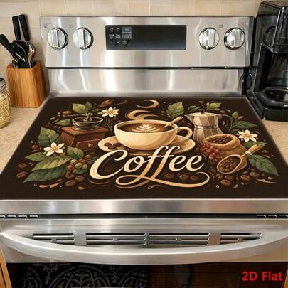 1pc 2D Flat Retro Coffee-Themed Kitchen Stove Protector Mat, Scratch Resistant, Easy To Clean, Stove Top Cover, Glass Cooktop Protector, Table Mat, For Gas Stove, Induction Cooker, Oven, Washing Machine, Dryer, Kitchen Essentials, Kitchen Decor