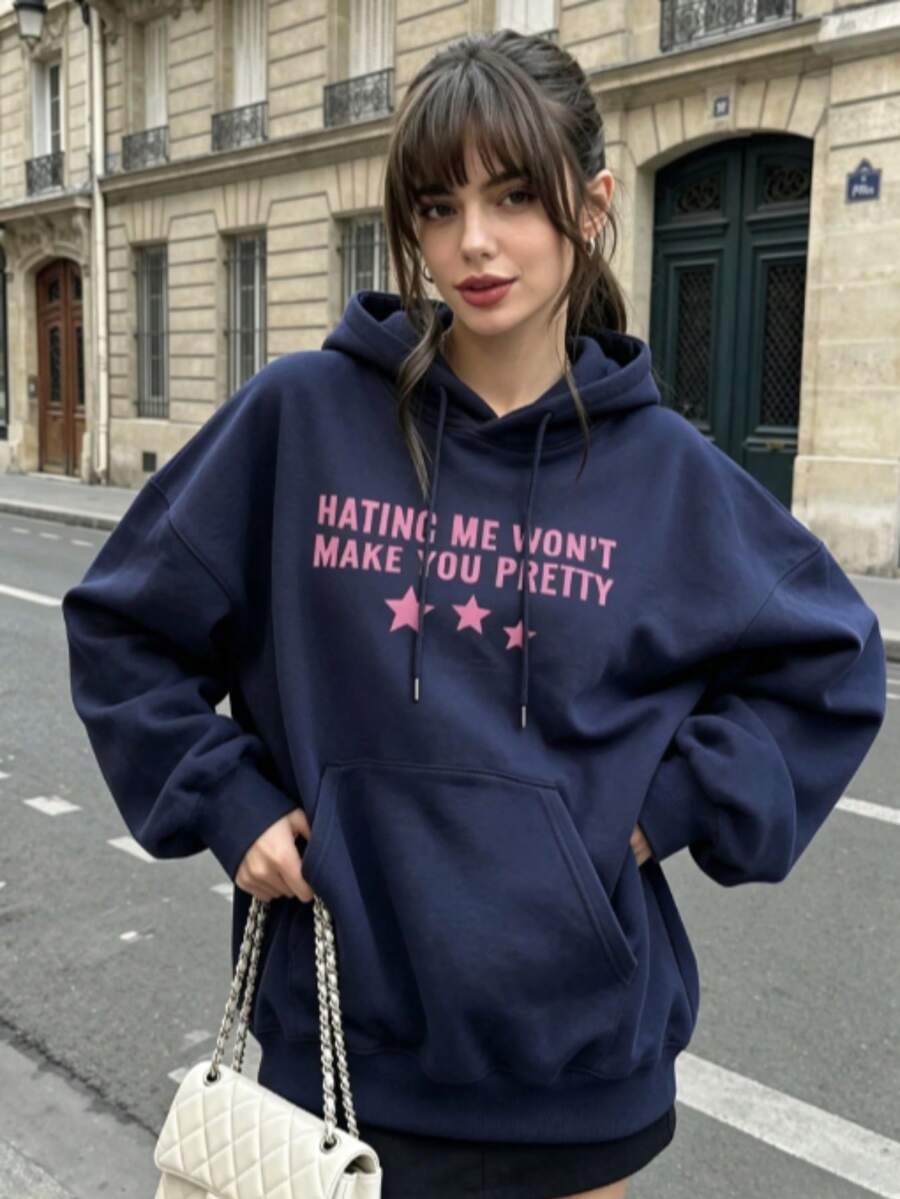 Women Solid Color Hoodie Back To School Oversized Pullover Sweatshirt Casual College Campus Wear Basic Long Sleeve Fall Outfit - 藏藍色2 - 查看 1