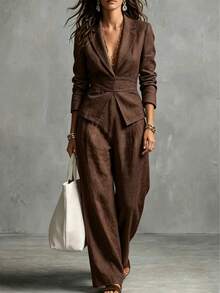 Women's 2-Piece Faux Suit Set, Lapel Waist-Tie Cropped Blazer With High-Waist Pleated Wide-Leg Pants, Elegant Casual Commute Outfit - Coffee Brown - View 4