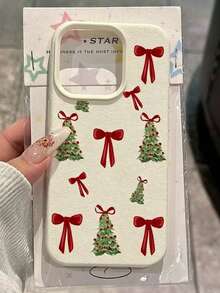 Fashionable Cute Christmas Beige Litchi Texture Red Bow Christmas Tree Pattern Phone Case, Compatible With IPhone18/18Pro/18ProMax/17/17Pro/17ProMax/16/16Pro/16ProMax/15/14/13/12/11 - Beige - View 3