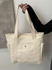1pc Solid Color Versatile Tote Bag, Square Shape With Side Double Pockets, Contrast Color, Large Capacity Multi-Compartment Khaki Thickened Canvas Bag, Commute Storage Handbag Shoulder Bag, Student Work Shopping Canvas Bag - Multicolor - View 10