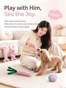 Pink Cotton Rope Dog Chew Toy Set, Durable Bite-Resistant Teething Toys, Interactive Knotted Rope Bone Rabbit Carrot Ball Toys, Suitable For Small And Medium Puppies Teeth Cleaning - Multicolor - View 4