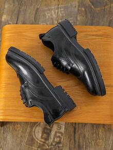 Men's New Round Toe Breathable British Style Thick Sole Height Increasing Lace-Up Casual Daily Work Business Leather Shoes - Black - View 3