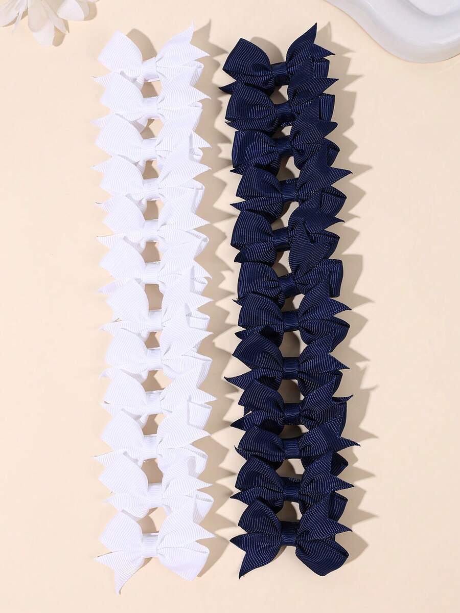 24pcs Girls Back To School Deep Blue & White Fabric Bow Hair Clips, Crocodile Hair Clips, Fashionable Children's Hair Accessories, First Day Of School Gift - Multicolor - View 1