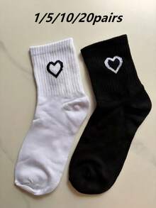 10 pares de calcetines de algodón a media pantorrilla para mujer, blanco/negro, lindos, calcetines para niñas, otoño/invierno/primavera/verano, suaves, color aleatorio, adecuados para deportes/uso diario 1/5/15/20 pares - Blanco - Ver 18