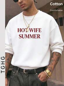 تي شيرت رجالي برقبة دائرية وأكمام طويلة خفيف الوزن، مطبوع عليه نص "HOT WIFE SUMMER" باللون الأحمر - أبيض - مشاهدة 9