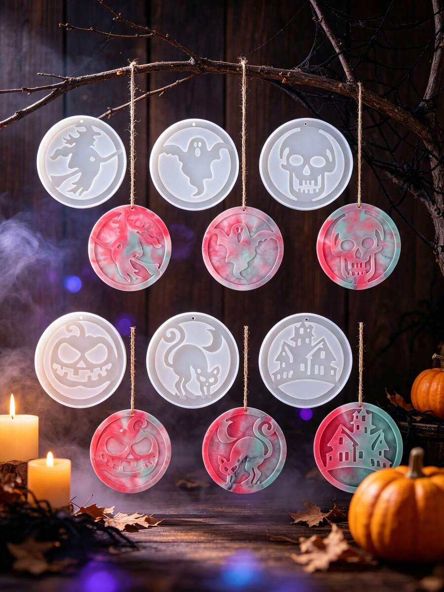 1pc Halloween Hanging Decoration Silicone Resin Mold, Ghost Pumpkin Skeleton Witch Black Cat Haunted House Casting Mold, DIY Aromatherapy Plaster Pendant Mold, For Halloween Party Home Decor Handicrafts - White - View 1