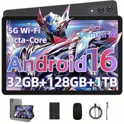 Qetupa 11 Inch Tablet Android 16 With Gemini AI, T615 Octa-Core | 32GB RAM + 128GB ROM /1TB TF, 16MP+8MP, 1920x1200 IPS HD 90Hz Display, 8000mAh With Fast Charging & OTG, Widevine L1, GPS,Case Included