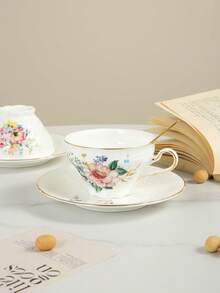 1pc Elegant Large Cup & Saucer Set, Floral Pattern Design, Suitable For Home, Restaurant, Cafe, Club Use - Multicolor - View 3