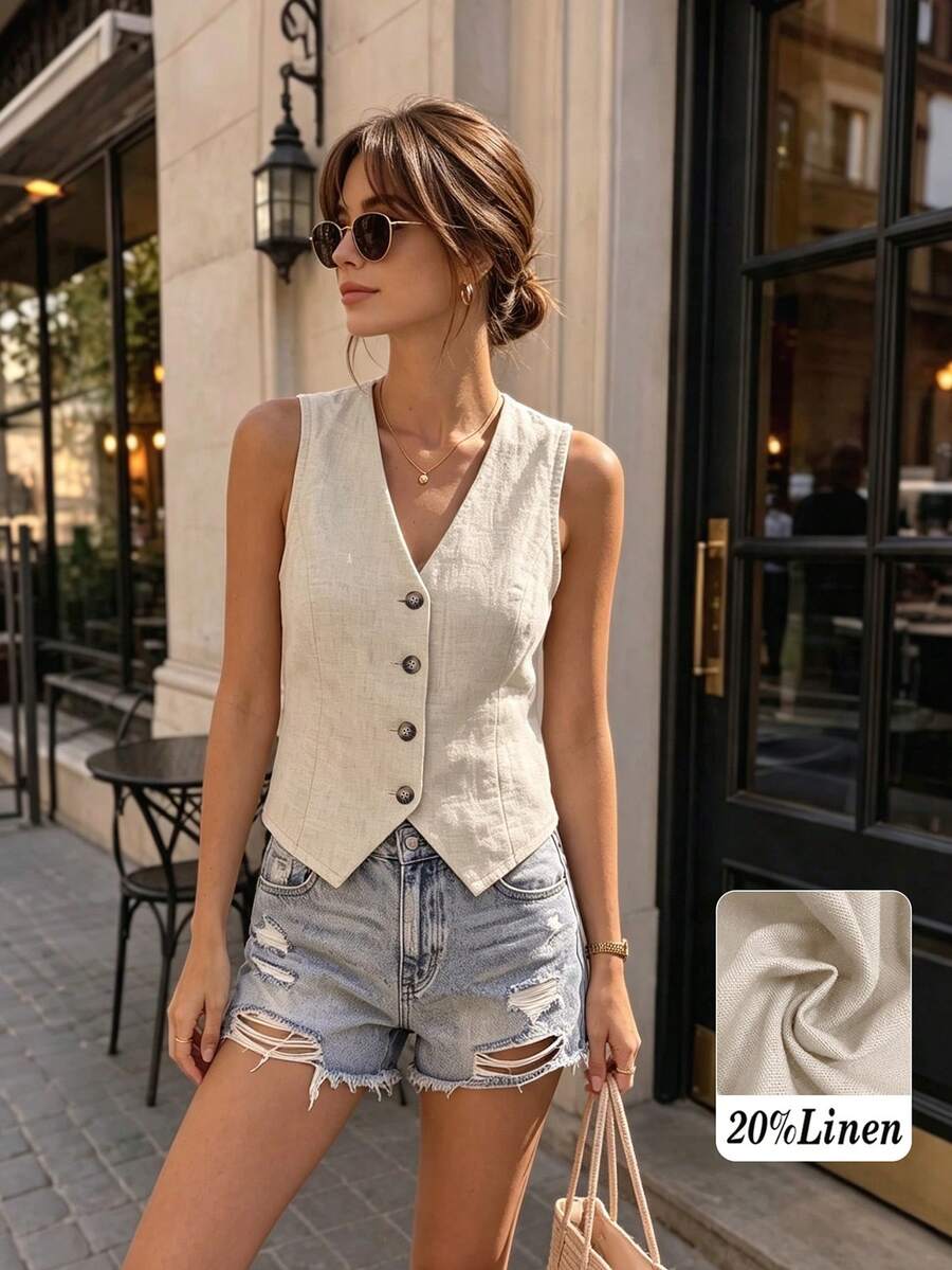 Plus Size Women Spring/Summer Casual Linen Blazer Vest - Apricot - View 1