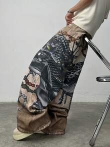 Justice Brother 1pc American Street Style Personalized Multi-Color Digital Print Men's Denim Jeans Fashion Loose Wide Leg Pants All Season Versatile Long Pants (Belt/Accessories Not Included) - Multicolor - View 4