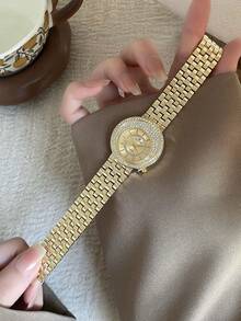 1件女款金色石英手錶，精緻復古奢華風，適合日常佩戴、送禮、休閒派對與宴會 - 金色 - 查看 2