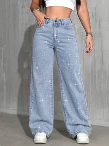 Women's Star Rhinestone Decor Loose Casual Straight Leg Jeans, Summer Vacation Street Party Fashion Jeans Fall - Light Wash - View 3