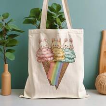 Bolsa de Lona para Compras con Diseño de Conejo y Helado - Diseño adorable de conejo y helado arcoíris, tonos suaves, bolsa de compras reutilizable, lona de poliéster resistente (13.8"x15.8" - A - Ver 3