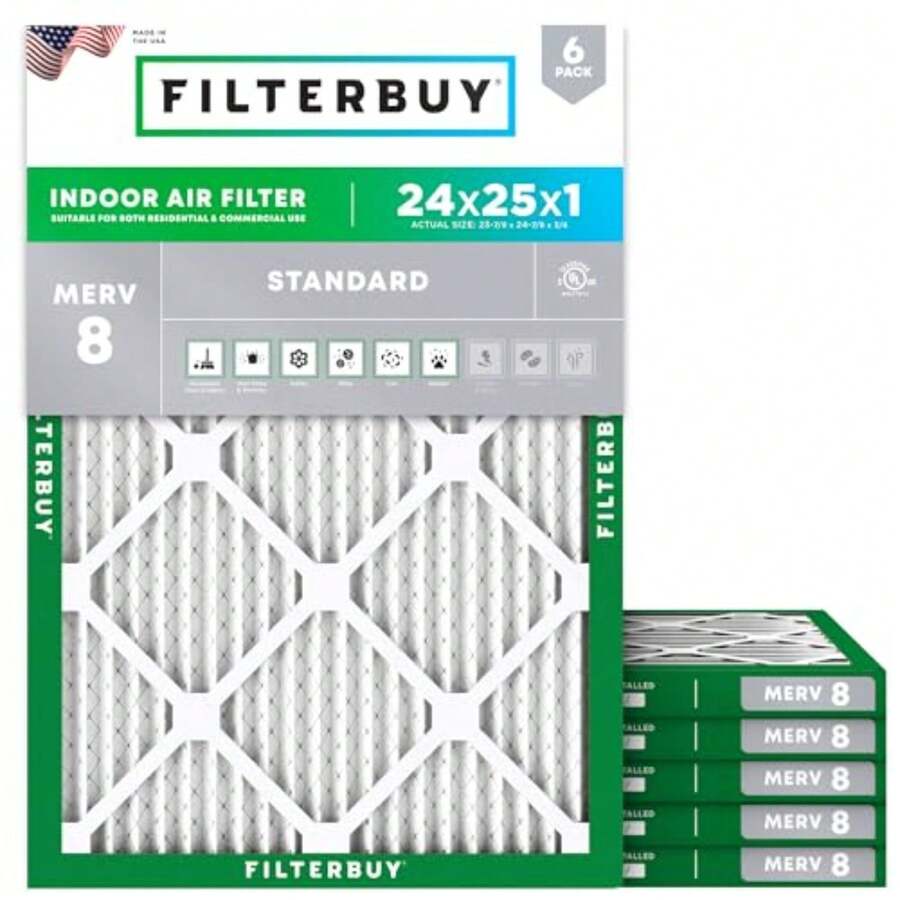 24x25x1 Air Filter MERV 8 Dust And Allergy Defense 6-Pack Electrostatic Pleated HVAC AC Furnace Filters Replacement, Made In USA (Actual Size: 23.88 X 24.88 X 0.75) - C - View 1