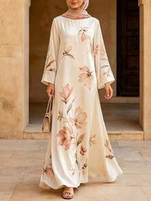 Elegant Women's Long Printed Abaya Dress, Round Neck, Regular Sleeves, Autumn Non-Stretch Knit Fabric - Multicolor - View 2