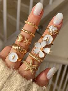 10pcs Multi-Layer Stackable Fashion Minimalist Elegant Exquisite Vintage Design Floral Faux Pearl Artificial Starfish Shell Element Oil Drop Geometric Asymmetrical Pleated Texture Metal Style Exaggerated Wide Face Chunky Rings Set, Holiday Vacation Party Date Gift, Daily Commute Wear, Personalized - Yellow Gold - View 1