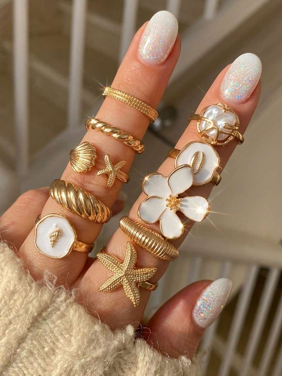10pcs Multi-Layer Stackable Fashion Minimalist Elegant Exquisite Vintage Design Floral Faux Pearl Artificial Starfish Shell Element Oil Drop Geometric Asymmetrical Pleated Texture Metal Style Exaggerated Wide Face Chunky Rings Set, Holiday Vacation Party Date Gift, Daily Commute Wear, Personalized - Yellow Gold - View 1