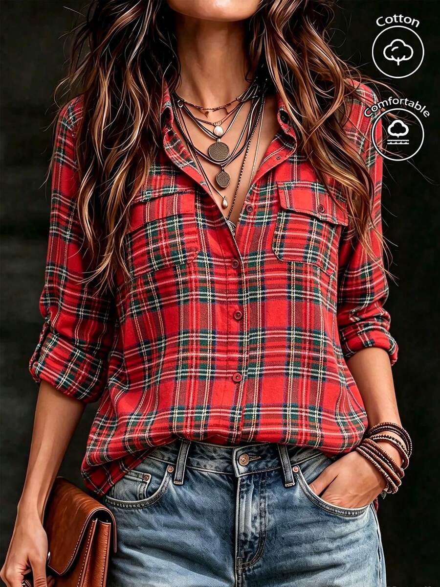 Women's Flannel Plaid Pocket Long Sleeve Comfortable Cotton Blend Shirt, Casual, Suitable For Outings, Weekends, College Style, Commuting, Button-Down Collar Shirt, Autumn Outfit, Back To School And Campus Wear, Suitable For Autumn/Winter, Women's Party Shirt, Women's Autumn Long Sleeve Top, Christmas And New Year Wear, Christmas Outfit - Red - View 1