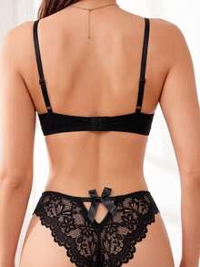 1 Set Elegant Black Lace Lingerie Set, Women's Deep V Push-Up Bra With Satin Bow Back And Fan-Shaped Lace Panties - Black - View 3