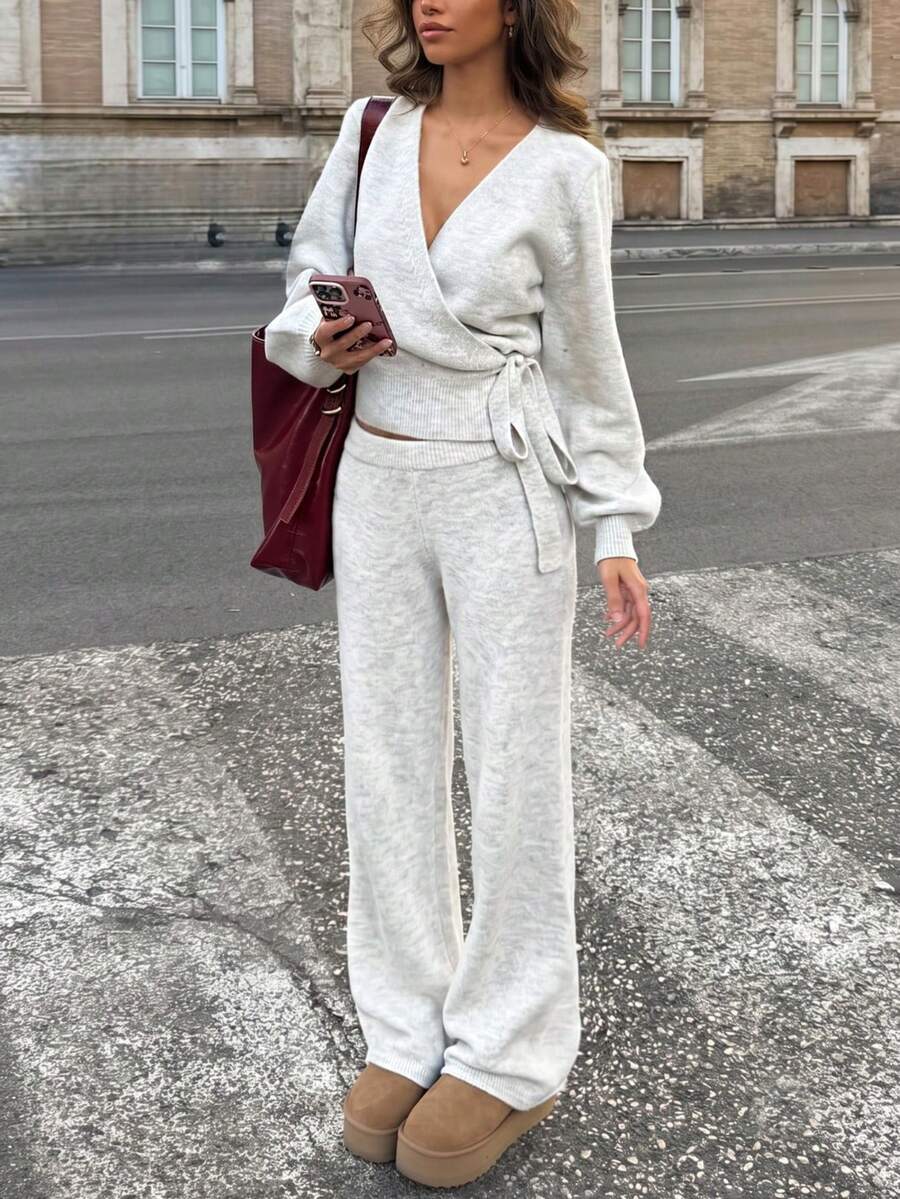 Women's Ribbed Knit Wrap Sweater And Wide Leg Pants Set, Fashionable Autumn Winter Spring Outfit, Medium Stretch, Light Gray Autumn Style - Light Grey - View 1
