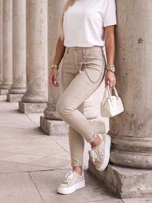 Women's Autumn Stretch Skinny Long Pants, Mid‑Rise Fit, Button‑Zip Fly, With Detachable Side Metal Chain, Classic Front Pockets, Slim Tapered Leg - Beige - View 4