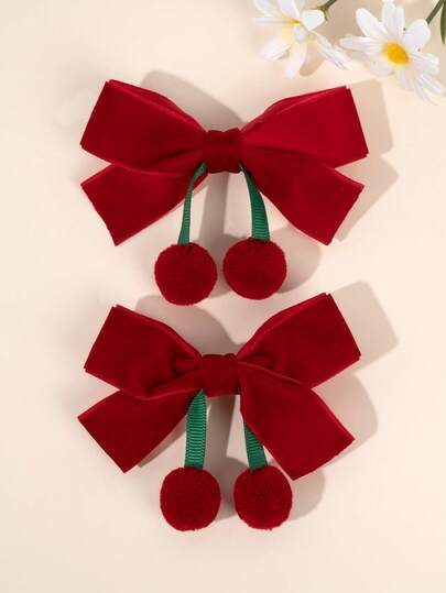 2pcs Velvet Bow Hair Clips,Red & Green Cherry Decor Hair Bows,Elegant Ribbon Alligator Clip,Cute Hair Accessories For Girls Fall Winter School,Daily