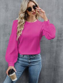White Textured Striped Crew Neck Bishop Sleeve Blouse, Women Autumn Spring - Rose Red - View 2