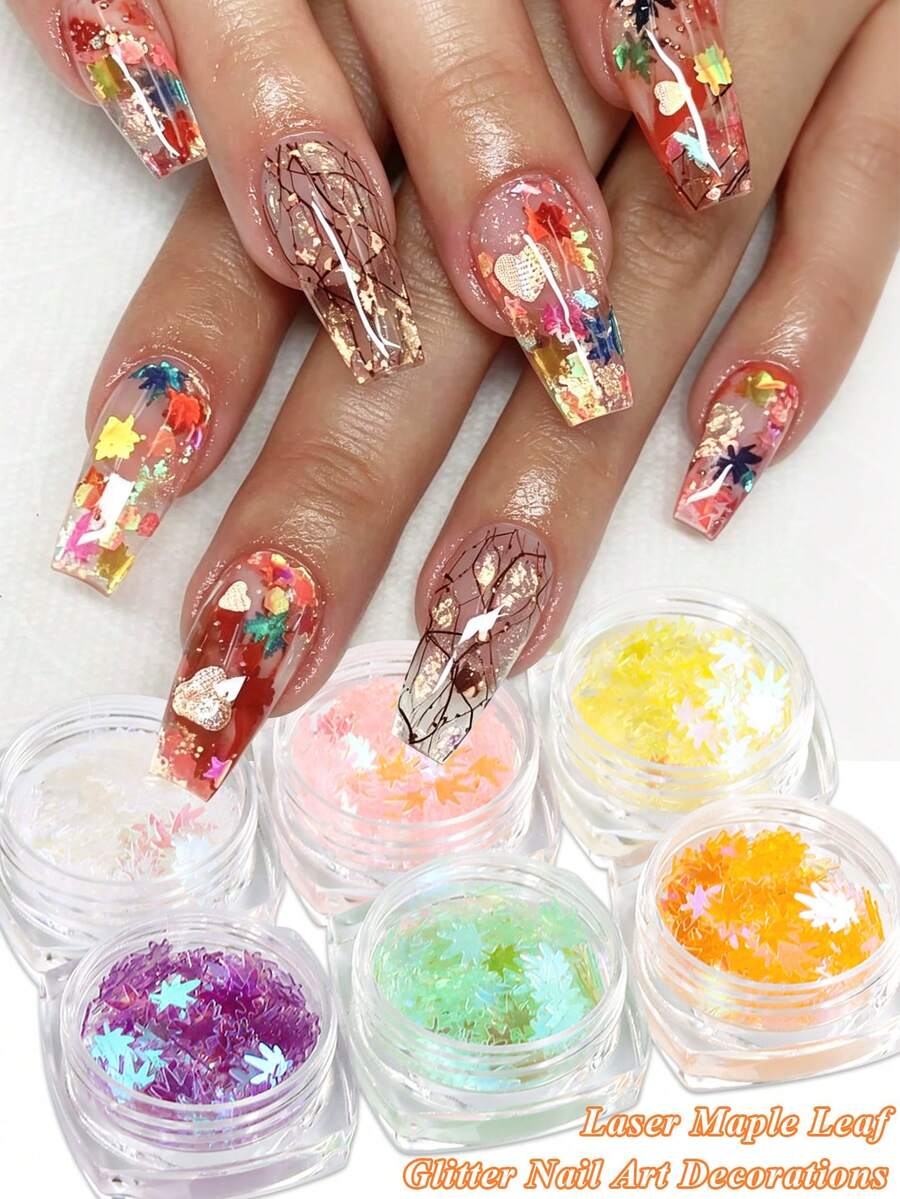 Laser Holographic Iridescent Maple Leaf Nail Sequins, Autumn Maple Leaf Nail Glitter Flakes, Colorful Fall Leaf Confetti Nail Art Decorations, Thanksgiving Autumn Theme Nail Charms DIY Manicure Supplies For Nail Salon & Beginners - Multicolor - View 1