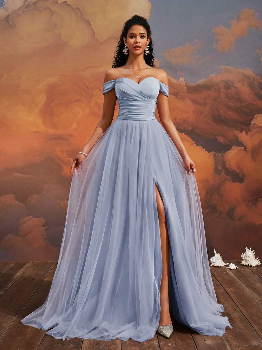 VIPGIRL Elegant Women's Off-Shoulder Mesh A-Line Ball Gown, Slit Design, Zipper Detail, Long Formal Bridesmaid Dress - Baby Blue - View 1
