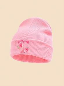 1 Peça Gorro de Tricô Rosa Infantil, Estampa Floral de Letras A-Z, Chapéu Quente de Outono/Inverno, Macio e Confortável com Punho Dobrado, Adequado para Uso Diário, Pode Ser Usado como Presente - Rosa chiclete - Visão 33