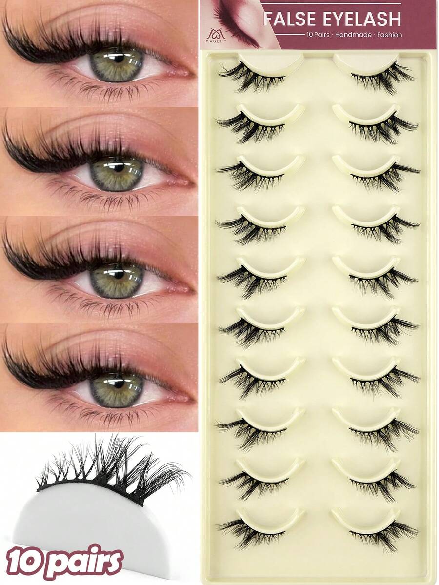 MAANGE 10 Pairs CC Curl Half-Length Cross False Eyelashes, Lightweight Stem, Soft Faux Mink Cat Eye Style, 3D Natural Voluminous False Eyelashes, Suitable For Daily Makeup