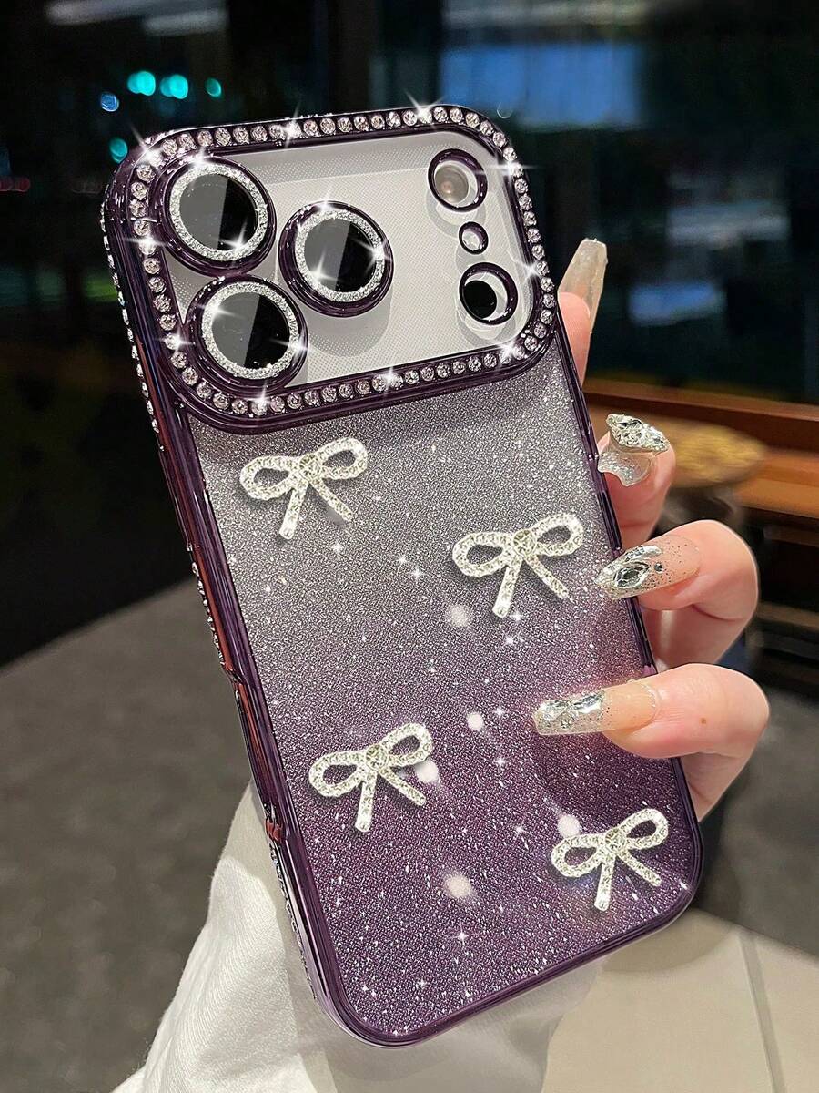 奢華可愛閃粉水鑽蝴蝶結相機保護手機殼，適用於 iPhone 17 Pro Max 17 Pro 17 16 Pro Max 16 Pro 16 15 Pro Max 15 Pro 15 14 13 17Air，波浪邊軟殼，適合女生禮物